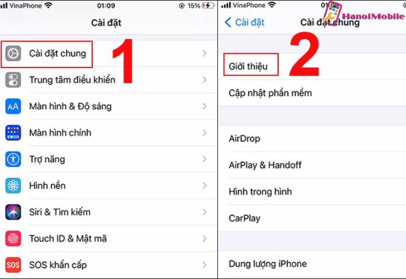 Vào cài đặt chung chọn giới thiệu