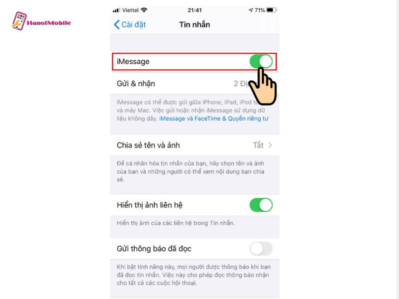 Gạt nút iMessage sang trái để tắt