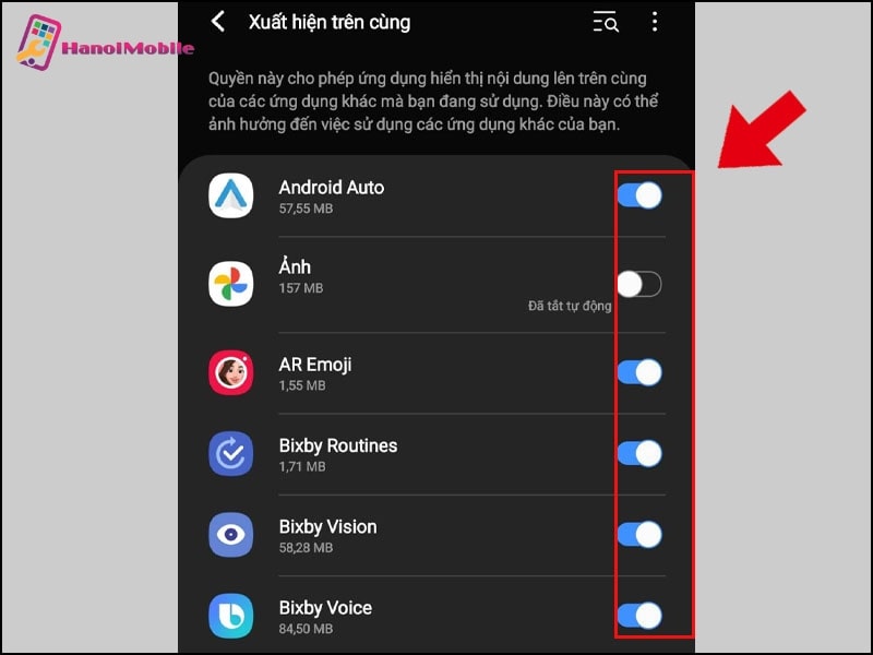 Vô hiệu hóa quyền xuất hiện trên cùng của ứng dụng