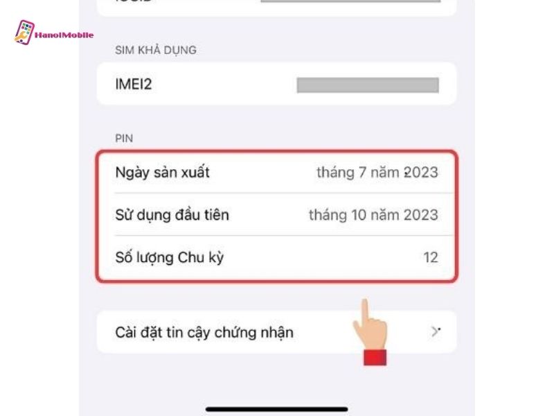 Chọn Pin >> Số lượng chu kì. Sau đó bạn sẽ xem được số lần sạc iPhone 15