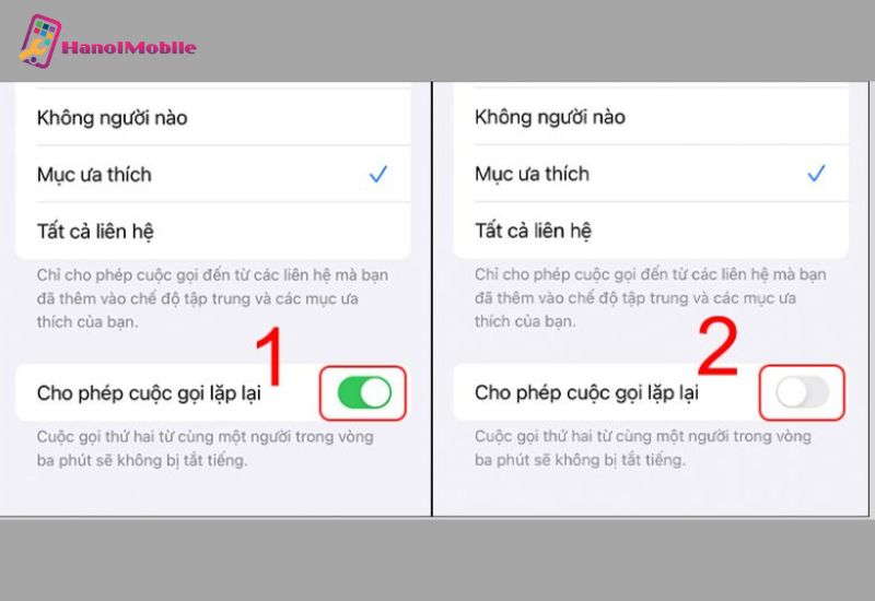 Ở mục cho phép cuộc gọi lặp lại gạt nút sang trái để tắt