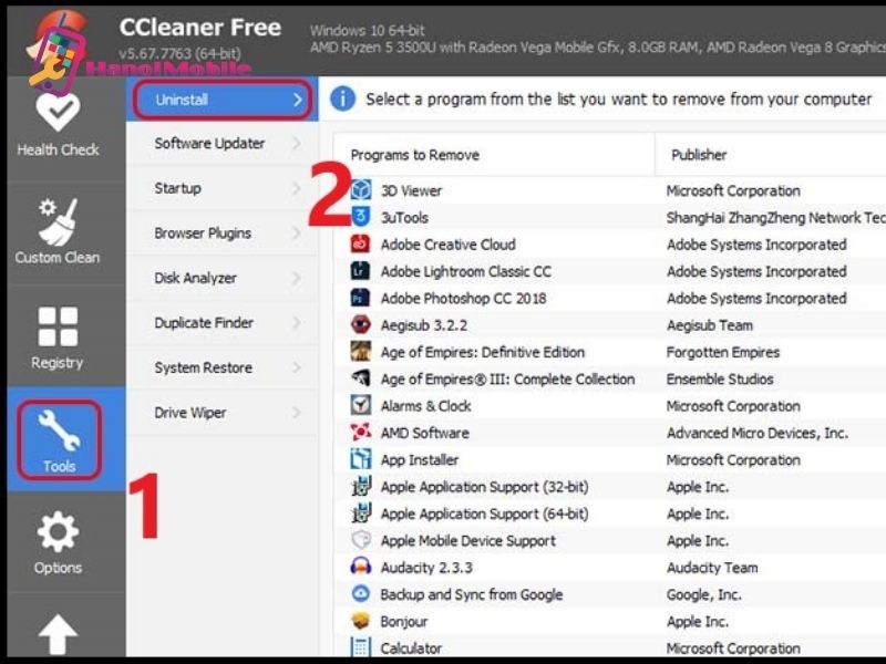 Sử dụng CCleaner để xóa ứng dụng trên máy tính